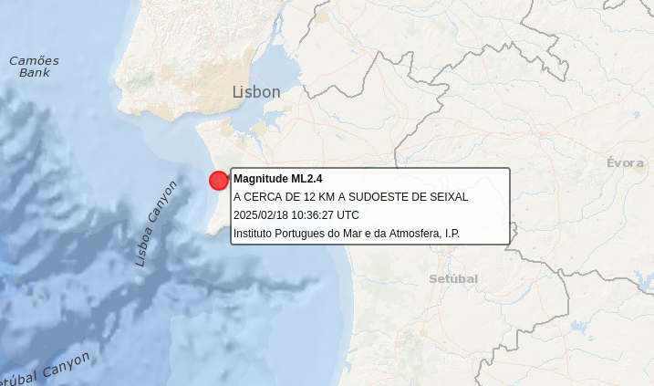 sismo 2,4 magnitude a sudoeste seixal